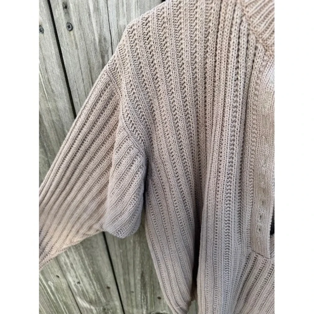 Vintage Coastal Minimalist Erika Sweater M Tan Ramie Cotton Henley Ribbed Knit